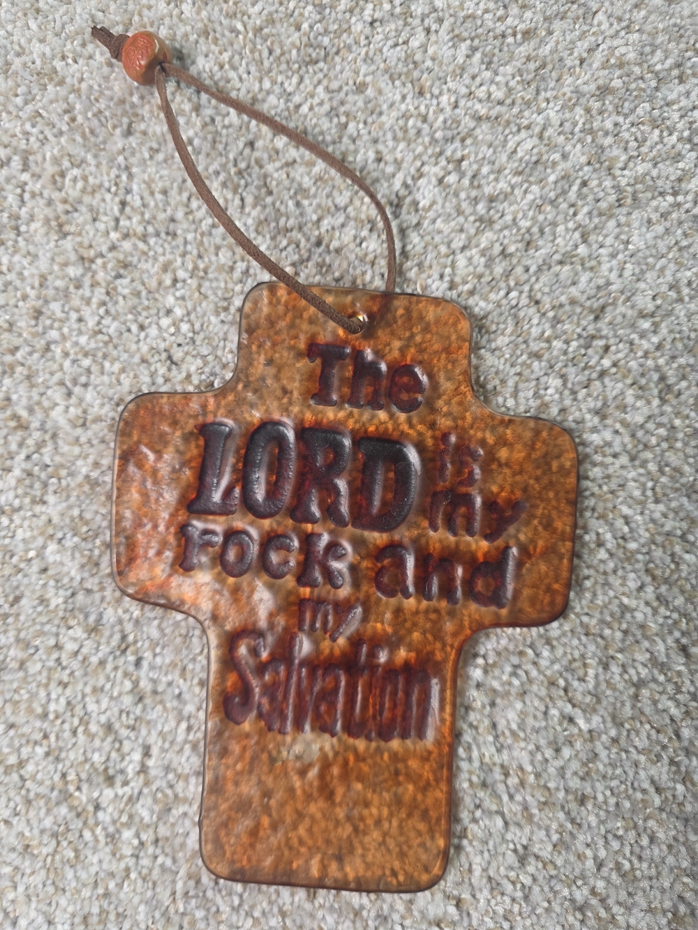 Vintage Amber Slag Glass Cross. The Lord is My Rock and My Salvation. Suncatcher